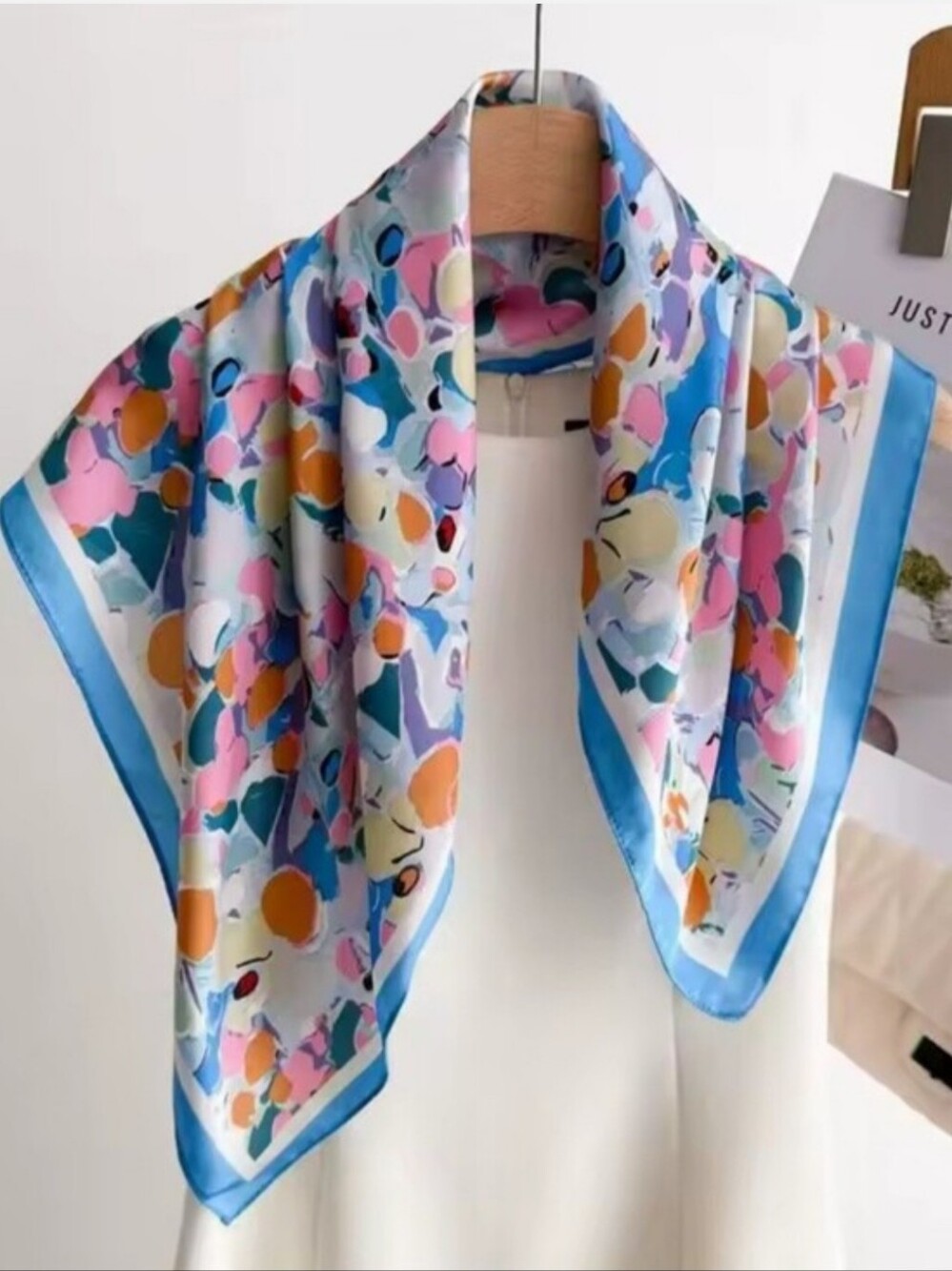 Vibrant Blue-Trim Abstract Floral Silk Scarf